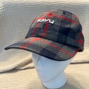 Kavu Cabin Fever Cap‎ - Unisex Gray Red Blue Plaid Flannel Leather Strap Hat
